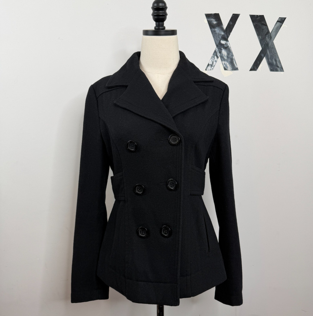 Vintage Y2K Black Wool Blend Double Breasted Cropped Peacoat Notch Collar S